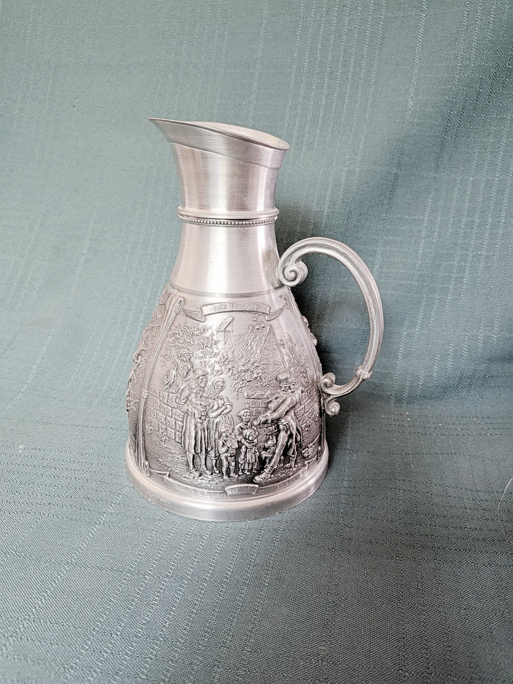 Vintage SKS Zinn 95% Pewter Pitcher, West Germany Relief Village Scene Jug