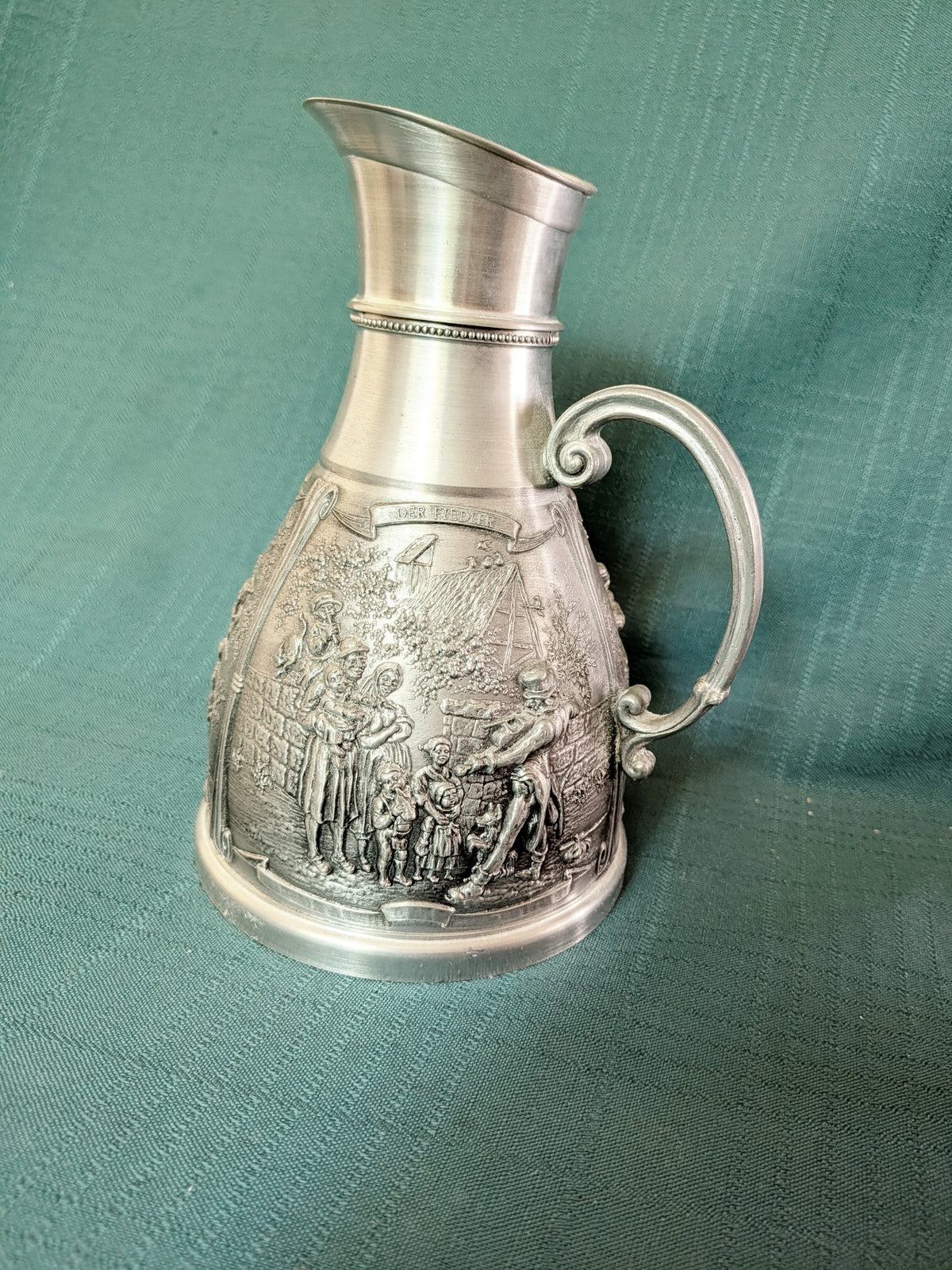 Vintage SKS Zinn 95% Pewter Pitcher, West Germany Relief Village Scene Jug
