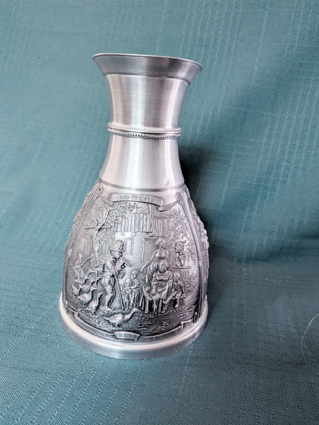 Vintage SKS Zinn 95% Pewter Pitcher, West Germany Relief Village Scene Jug