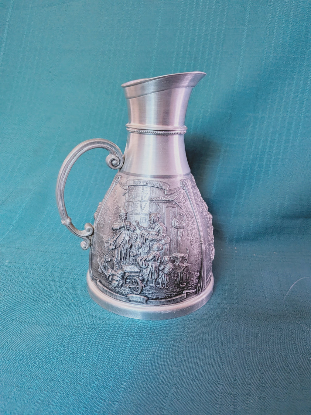 Vintage SKS Zinn 95% Pewter Pitcher, West Germany Relief Village Scene Jug