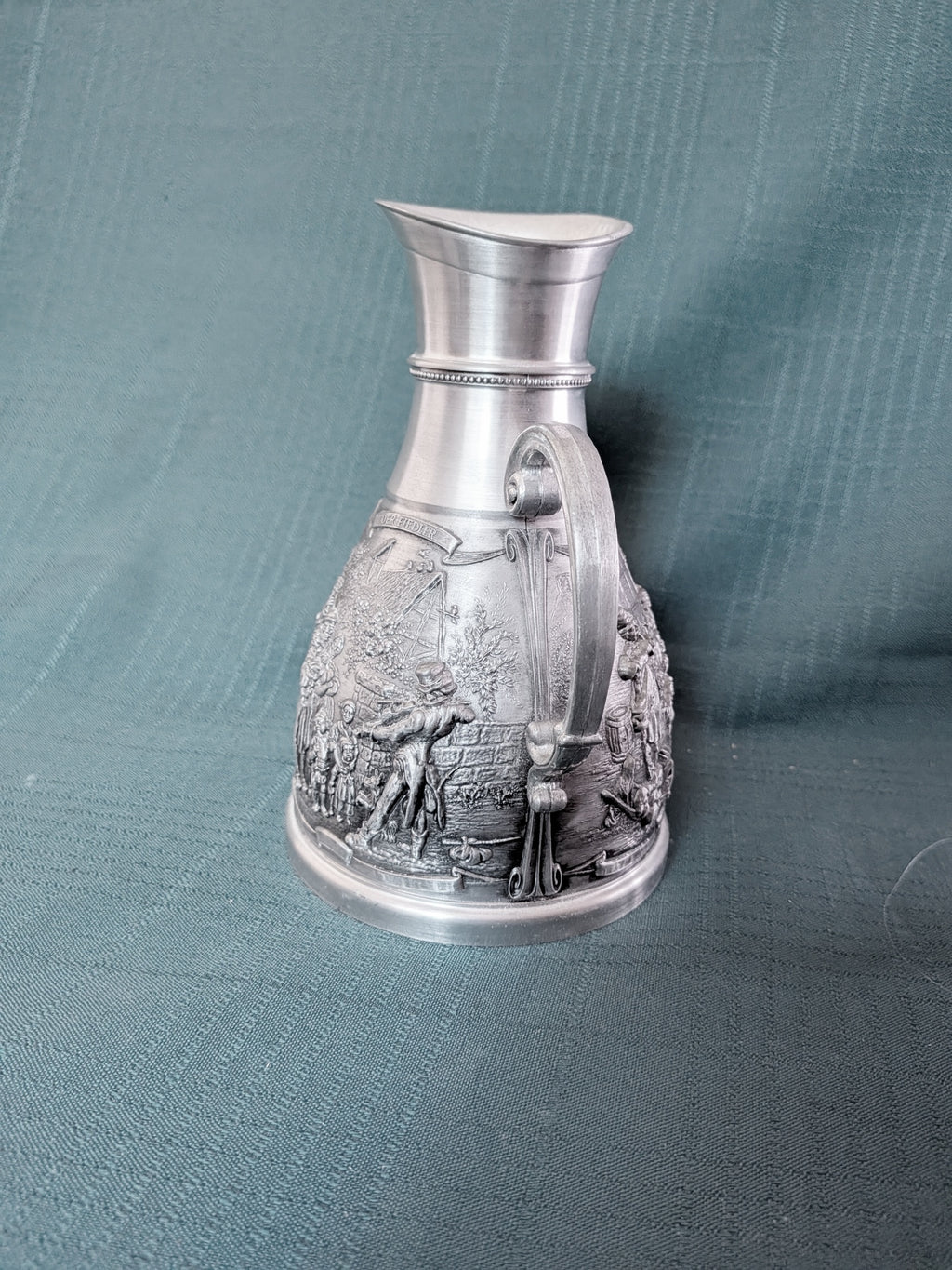 Vintage SKS Zinn 95% Pewter Pitcher, West Germany Relief Village Scene Jug