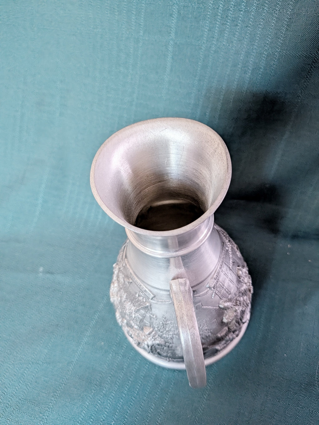 Vintage SKS Zinn 95% Pewter Pitcher, West Germany Relief Village Scene Jug