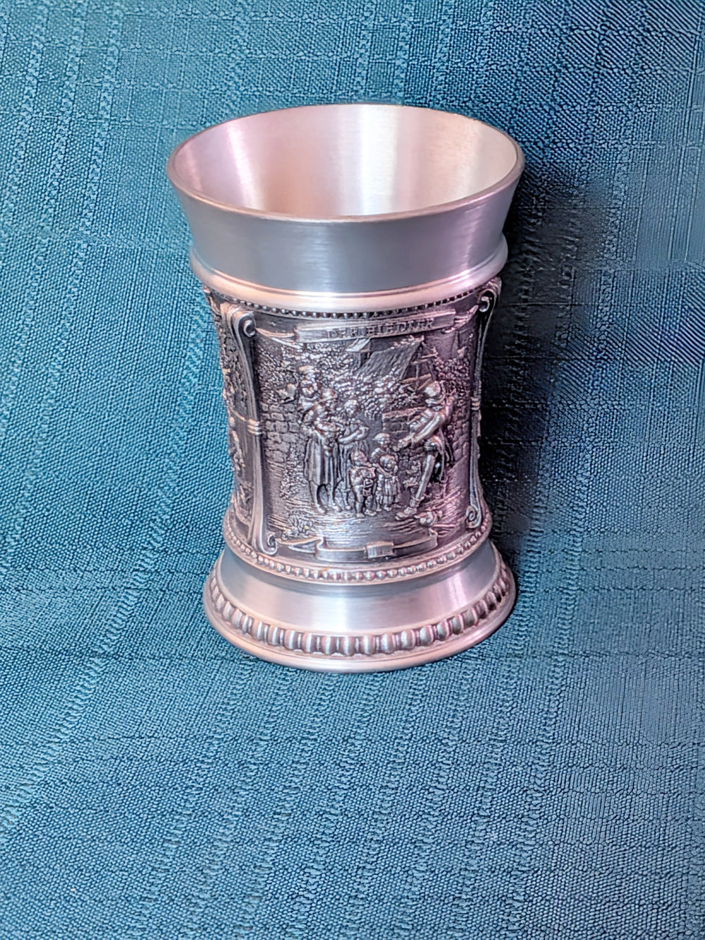 Vintage SKS Zinn 95% Pewter Relief Scene Goblet Cup | German Pewter Drinking Vessel Collectible