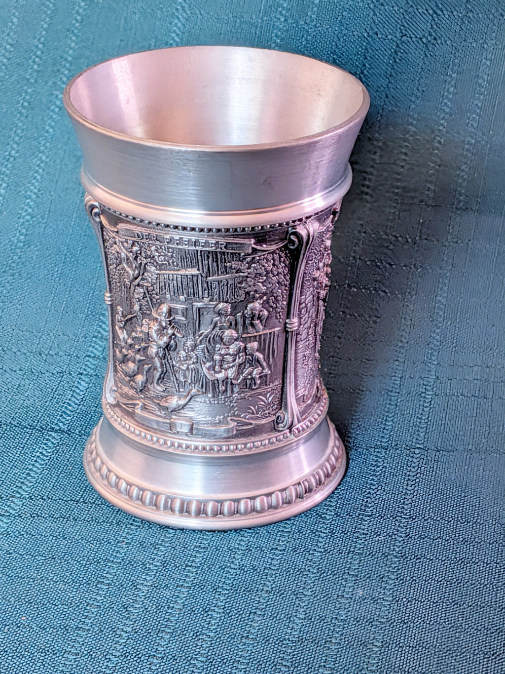 Vintage SKS Zinn 95% Pewter Relief Scene Goblet Cup | German Pewter Drinking Vessel Collectible