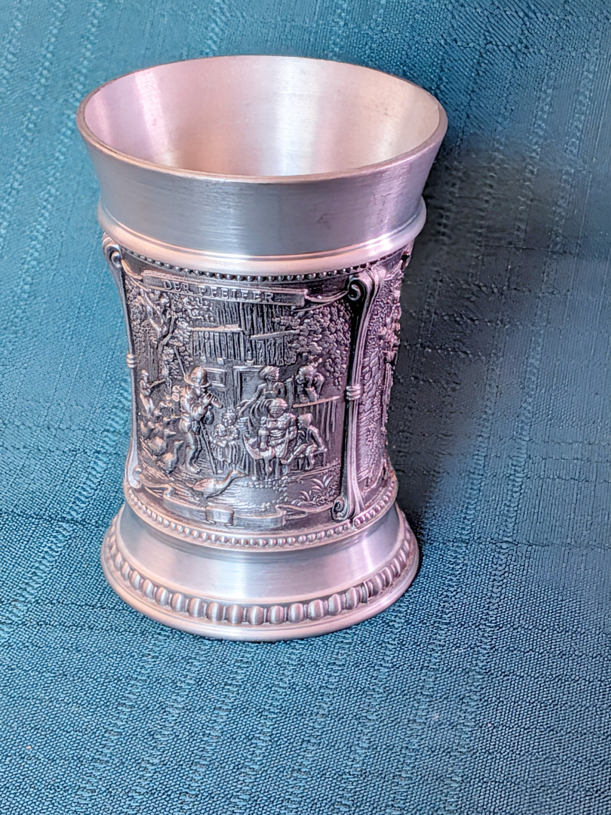 Vintage SKS Zinn 95% Pewter Relief Scene Goblet Cup | German Pewter Drinking Vessel Collectible