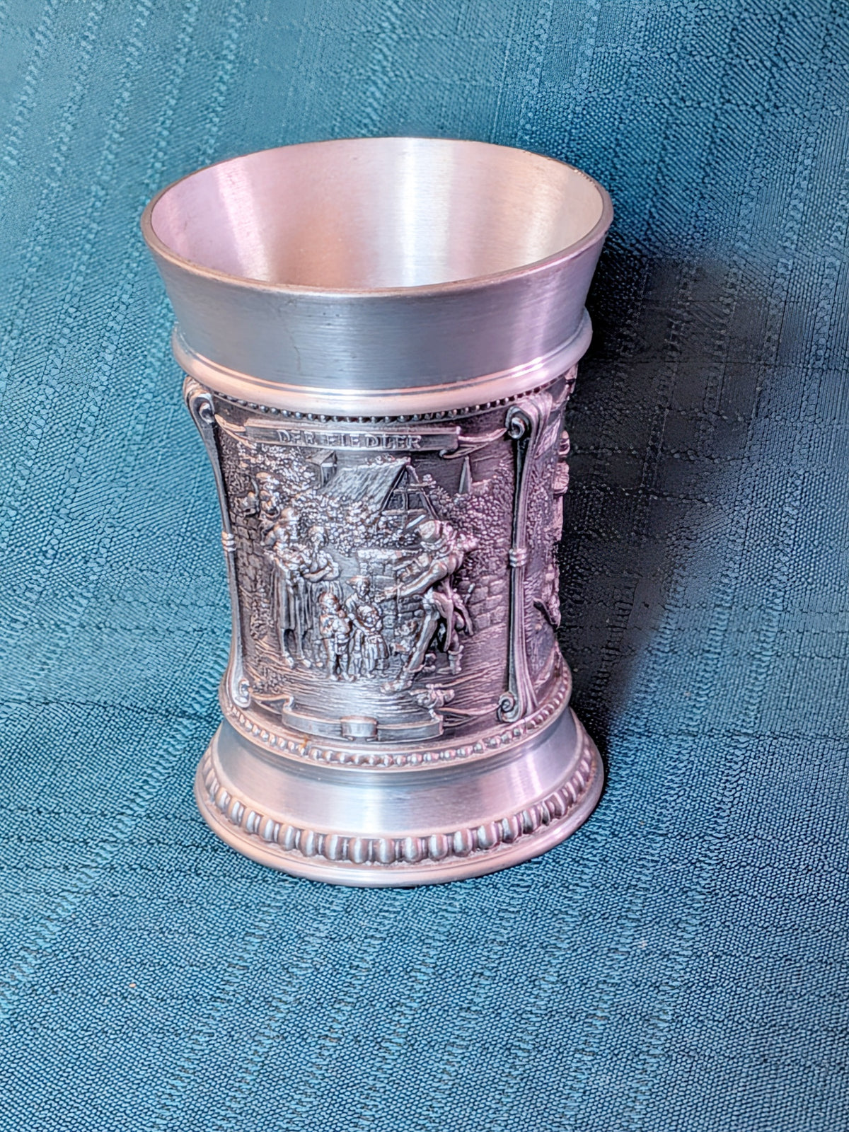 Vintage SKS Zinn 95% Pewter Relief Scene Goblet Cup | German Pewter Drinking Vessel Collectible