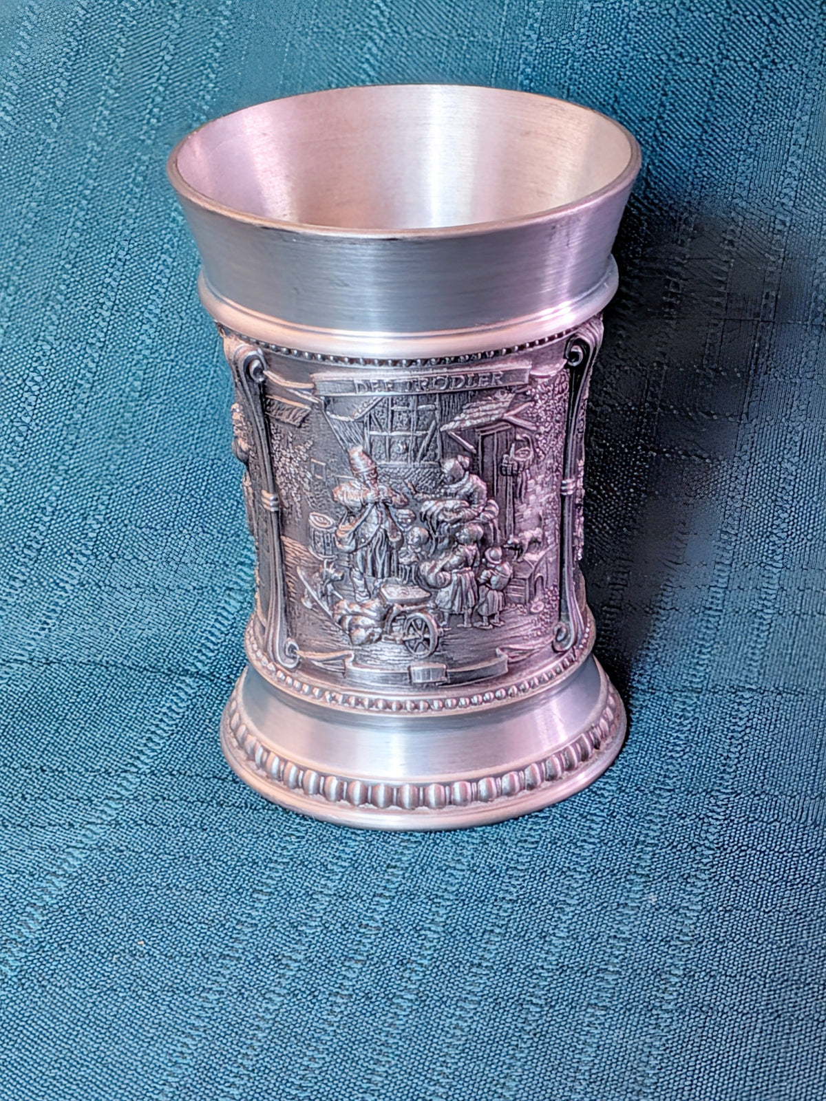 Vintage SKS Zinn 95% Pewter Relief Scene Goblet Cup | German Pewter Drinking Vessel Collectible