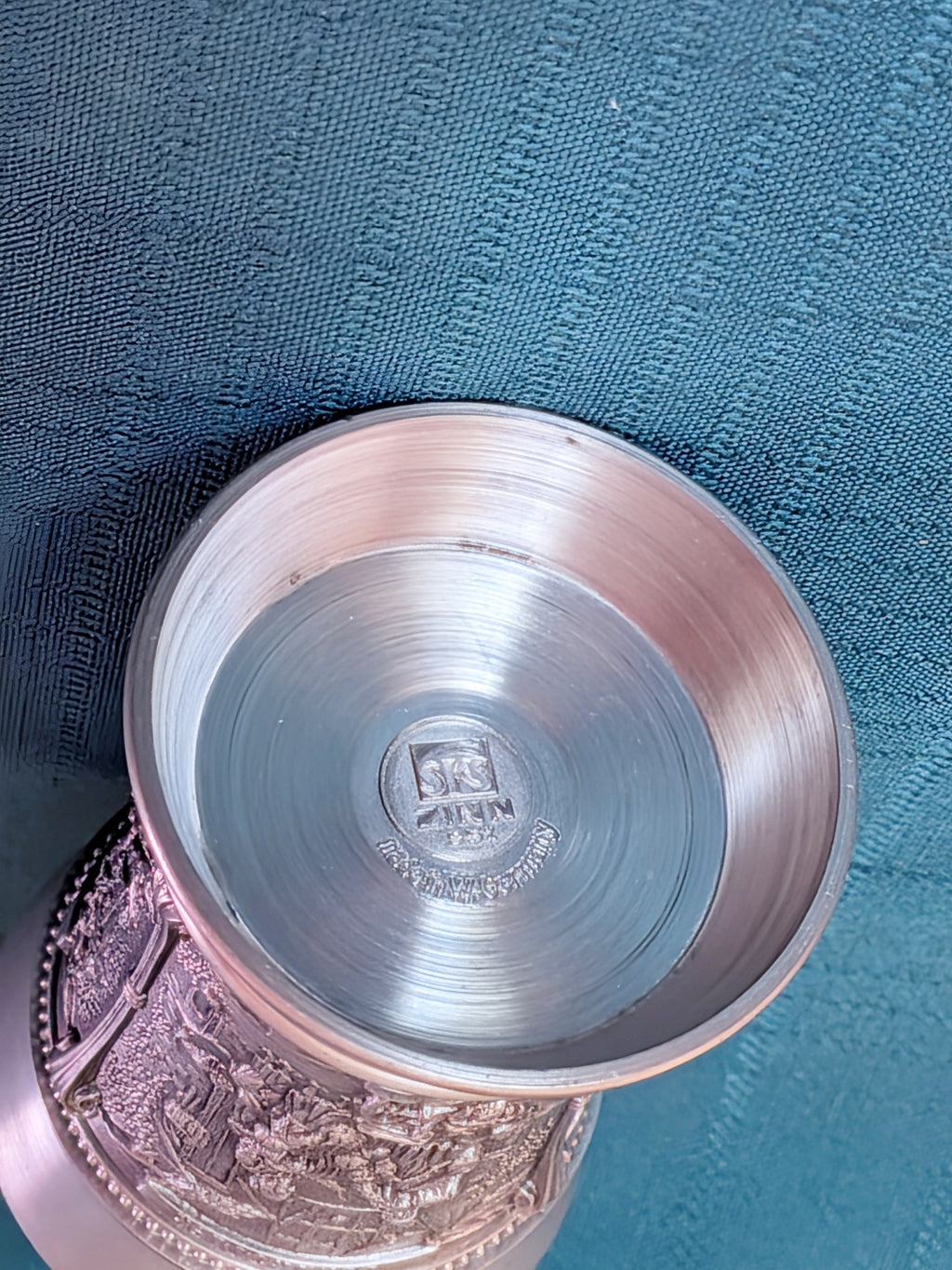 Vintage SKS Zinn 95% Pewter Relief Scene Goblet Cup | German Pewter Drinking Vessel Collectible
