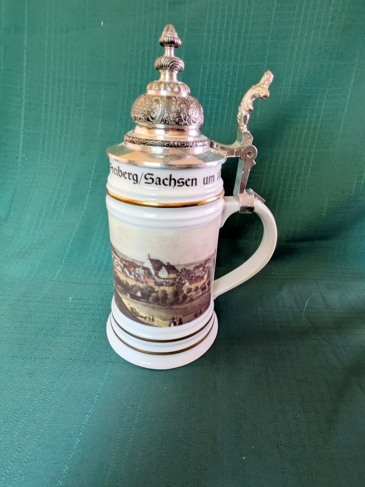 Vintage Freiberg Saxony German Porcelain Beer Stein with Hinged Lid