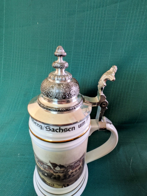 Vintage Freiberg Saxony German Porcelain Beer Stein with Hinged Lid