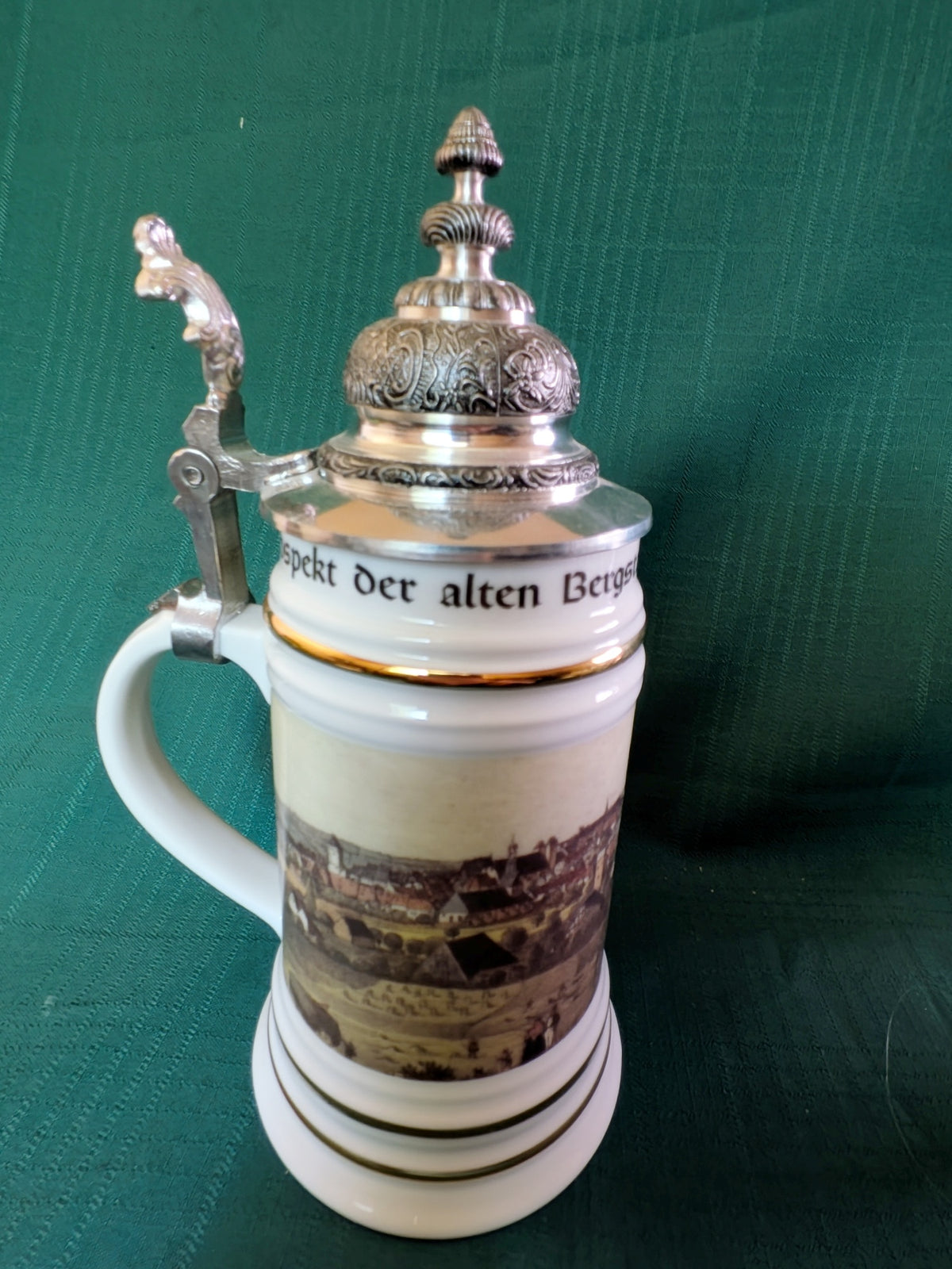 Vintage Freiberg Saxony German Porcelain Beer Stein with Hinged Lid