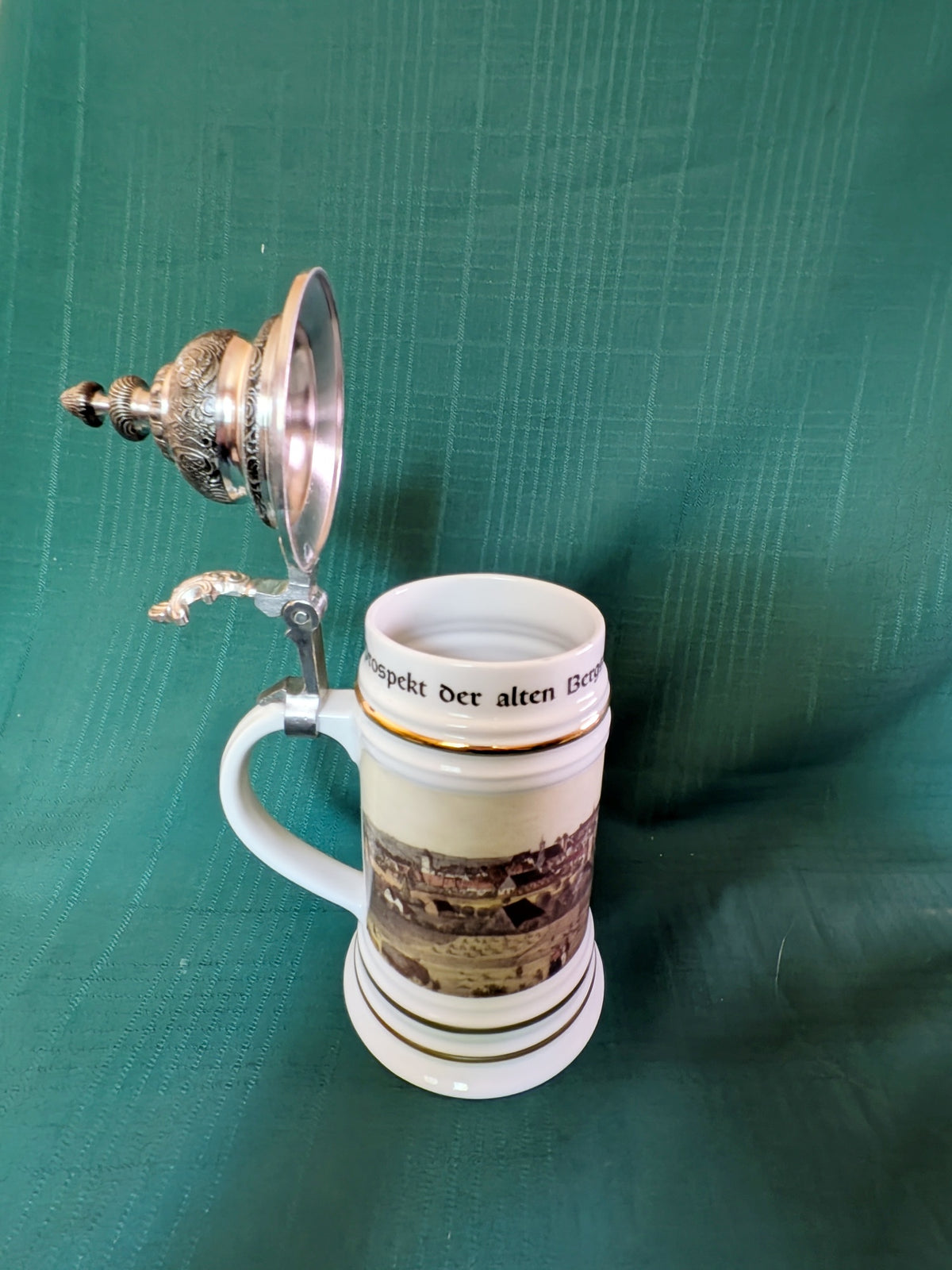 Vintage Freiberg Saxony German Porcelain Beer Stein with Hinged Lid
