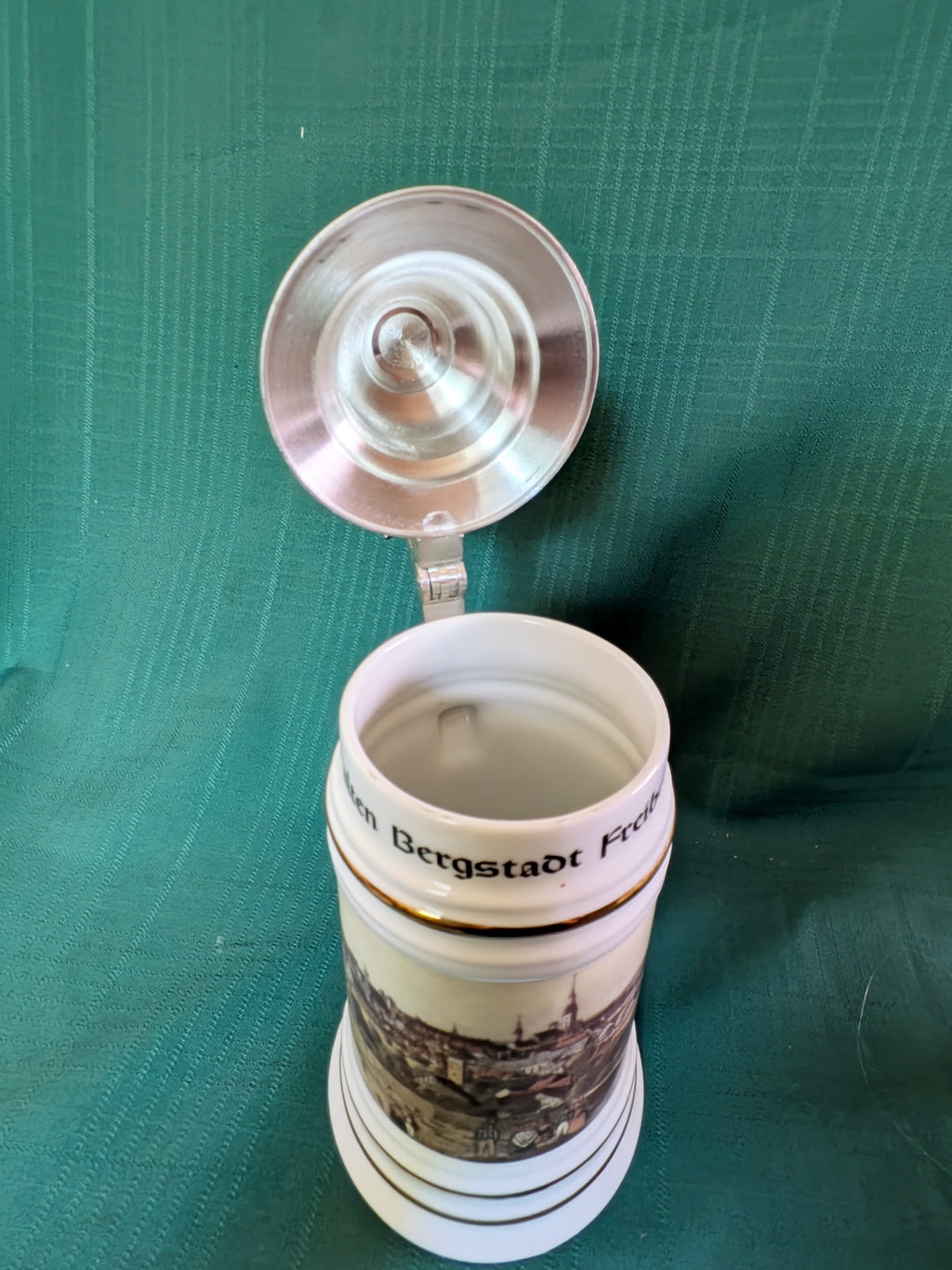 Vintage Freiberg Saxony German Porcelain Beer Stein with Hinged Lid