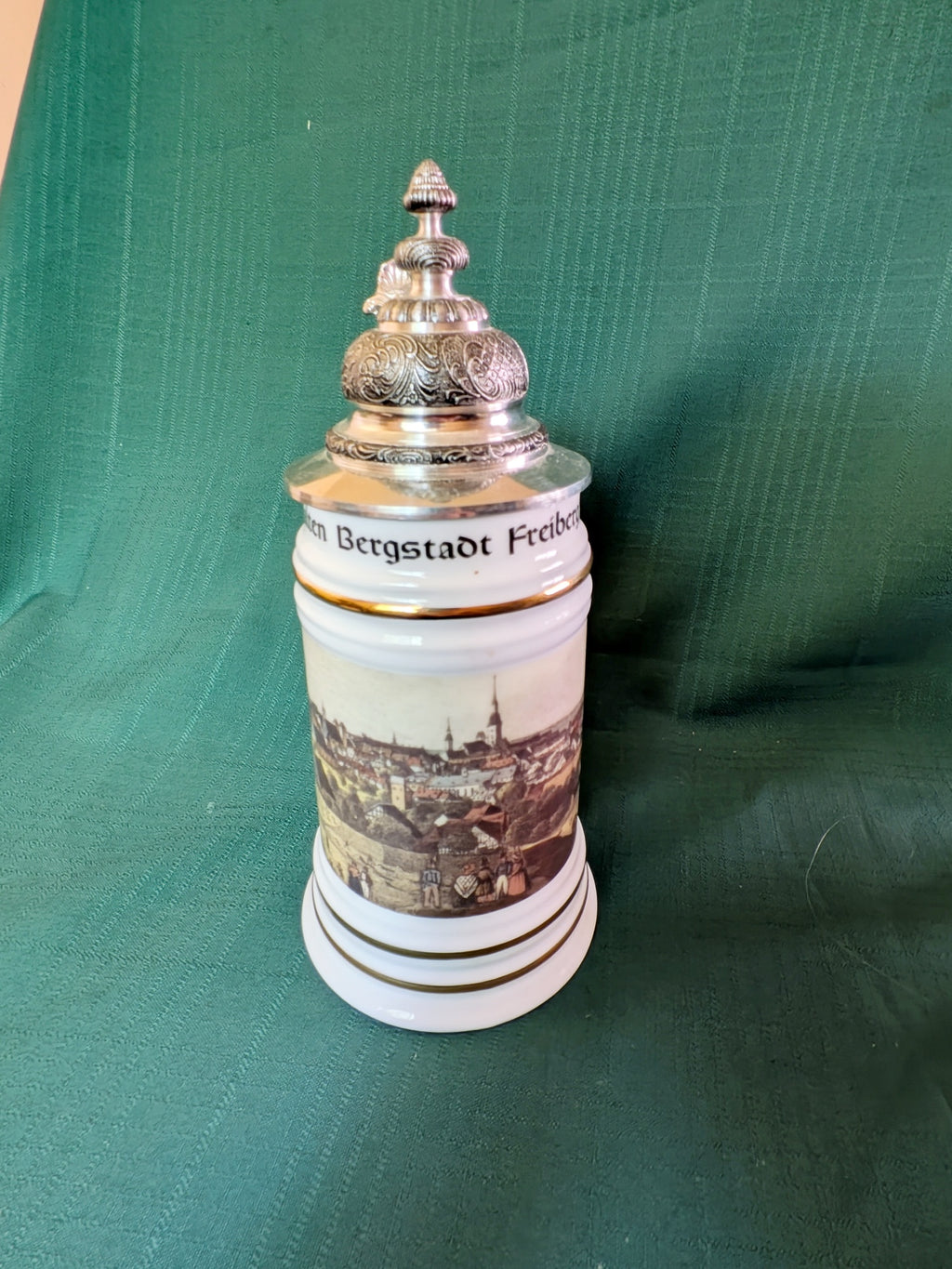 Vintage Freiberg Saxony German Porcelain Beer Stein with Hinged Lid