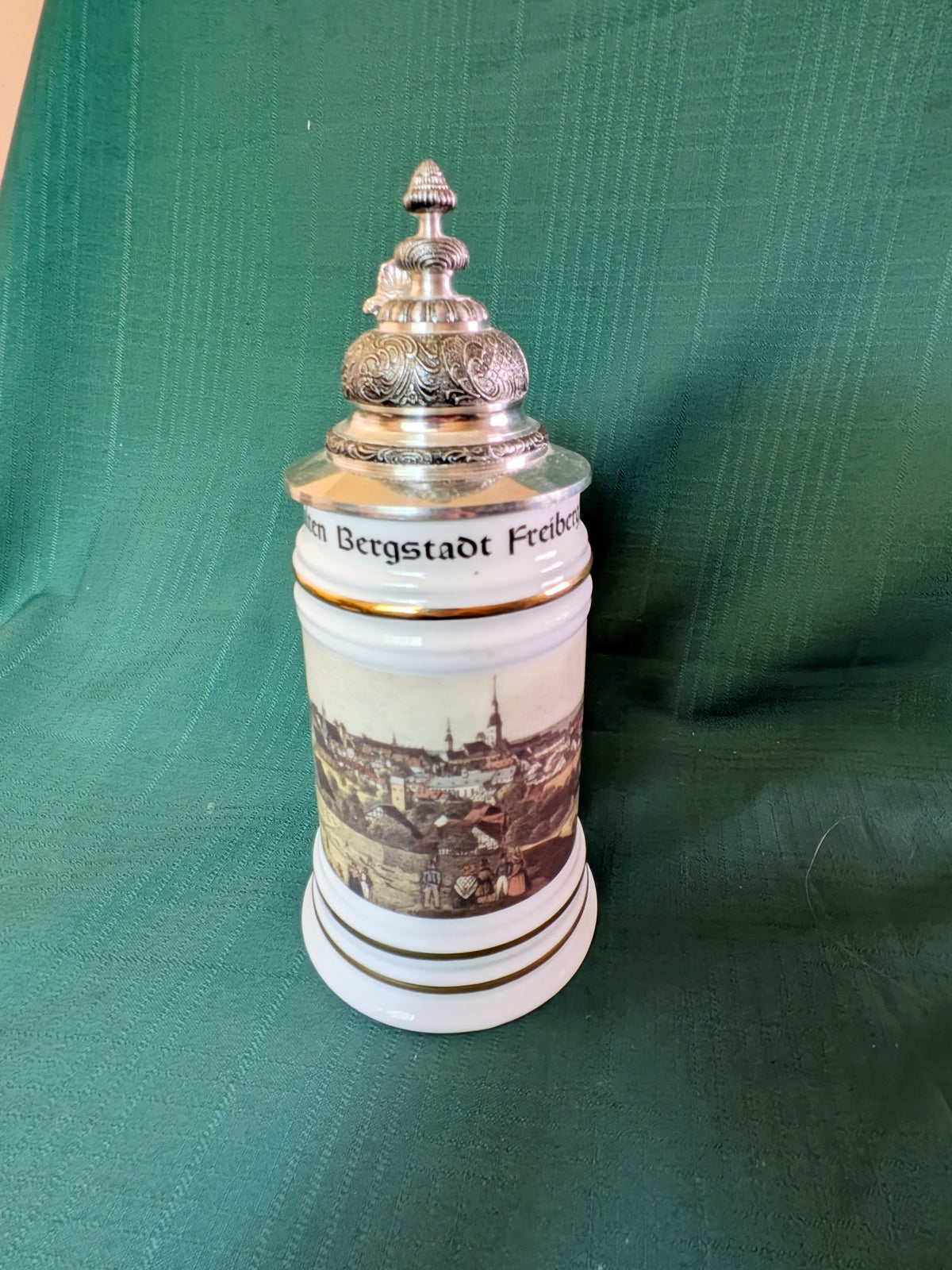 Vintage Freiberg Saxony German Porcelain Beer Stein with Hinged Lid