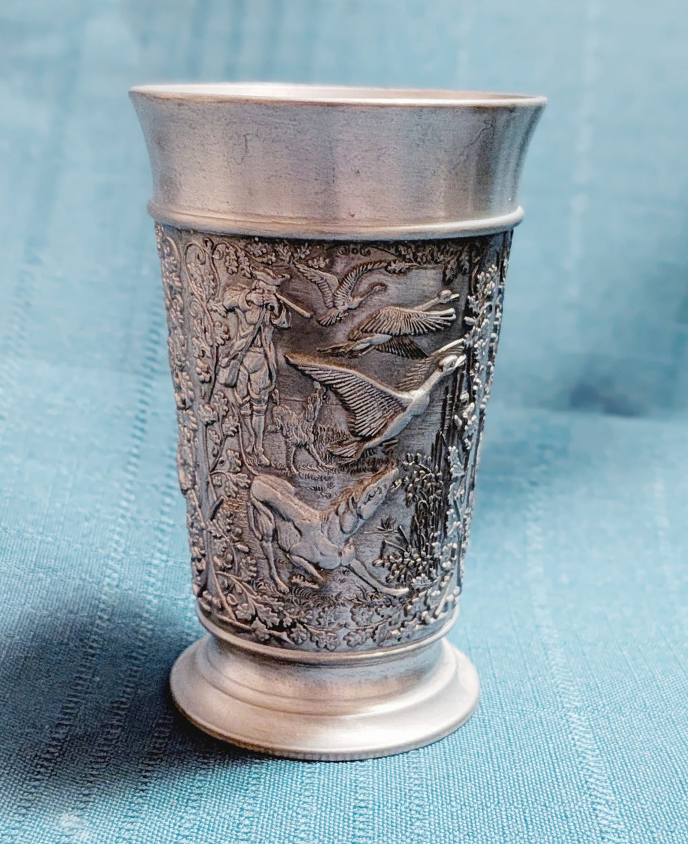 German Pewter Hunting Scene Cup – Deer & Wildlife Relief