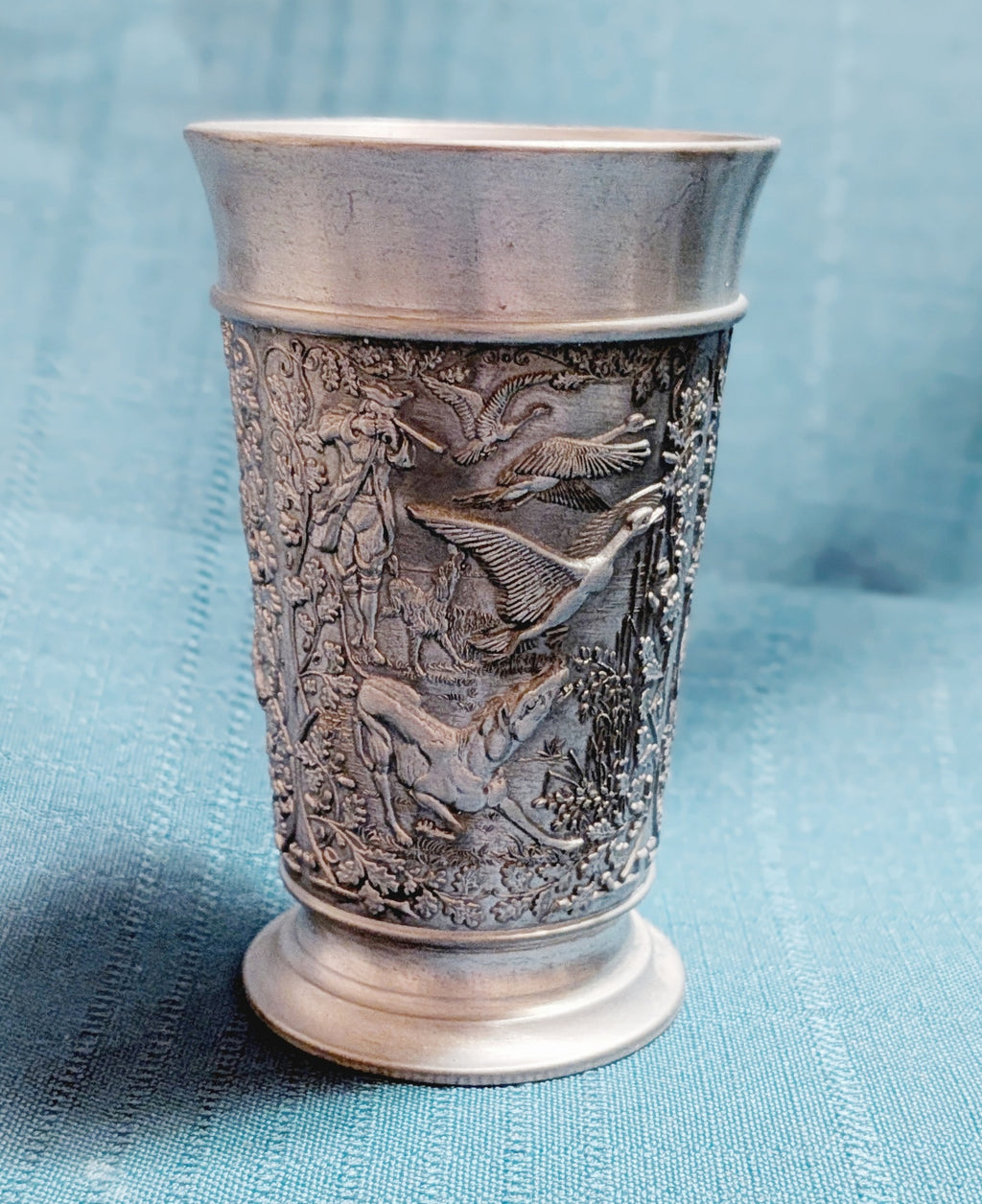 German Pewter Hunting Scene Cup – Deer & Wildlife Relief