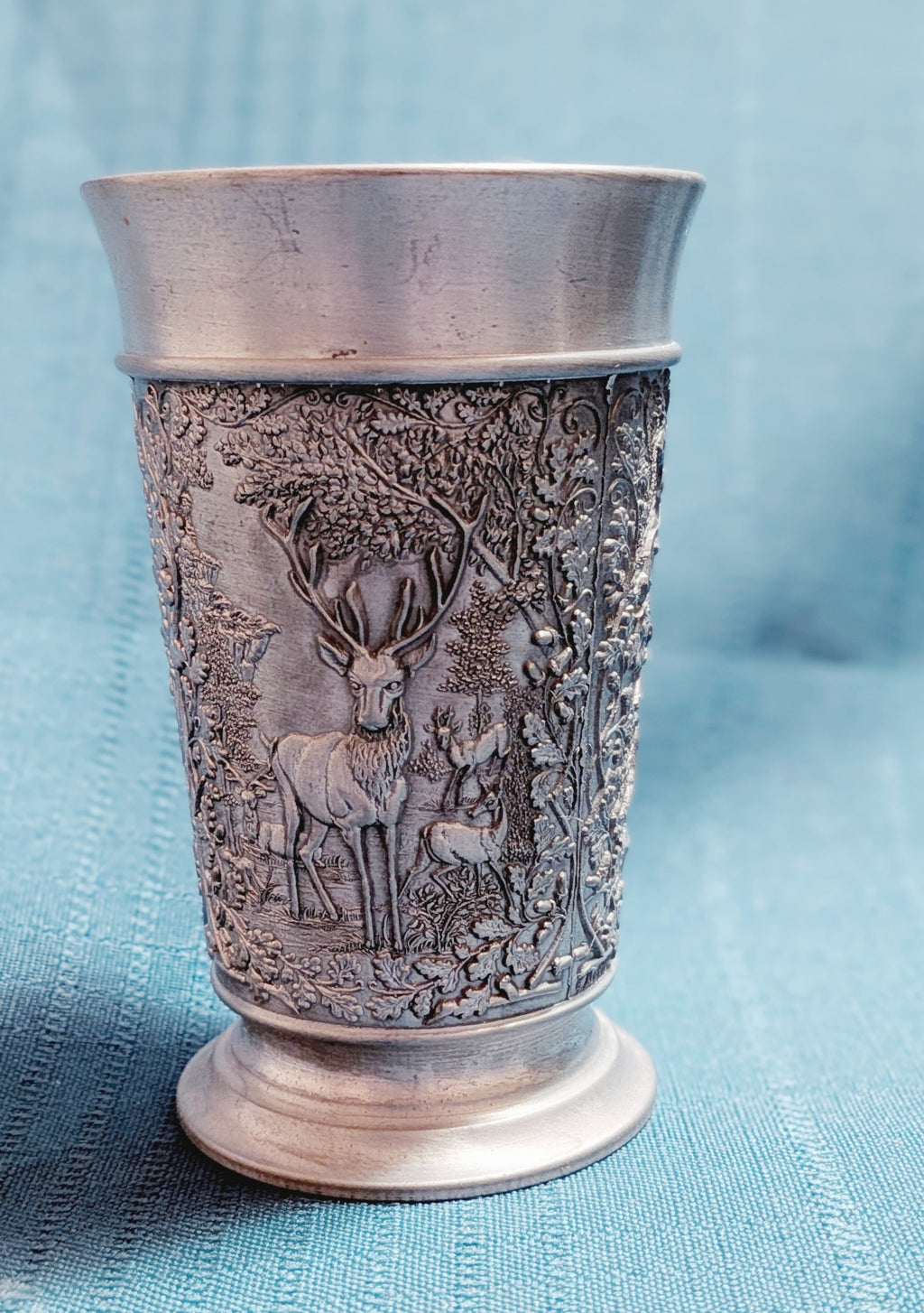 German Pewter Hunting Scene Cup – Deer & Wildlife Relief