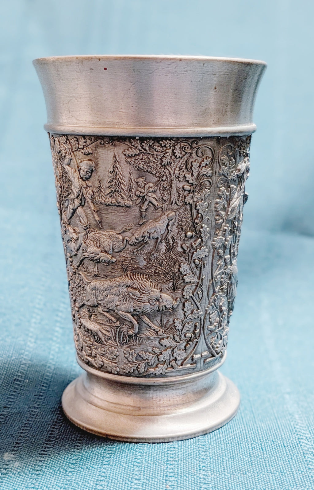 German Pewter Hunting Scene Cup – Deer & Wildlife Relief