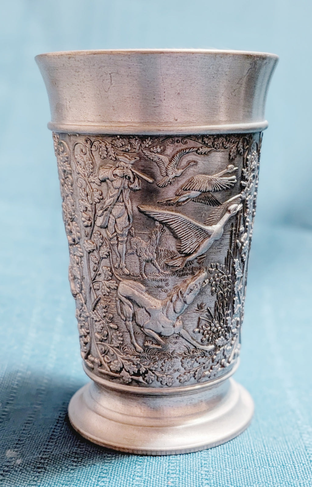 German Pewter Hunting Scene Cup – Deer & Wildlife Relief
