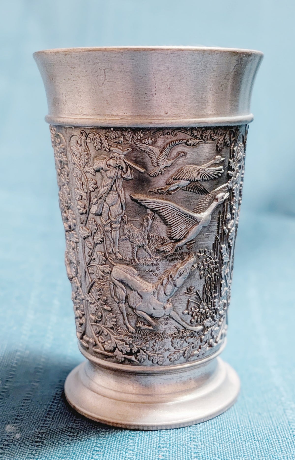 German Pewter Hunting Scene Cup – Deer & Wildlife Relief