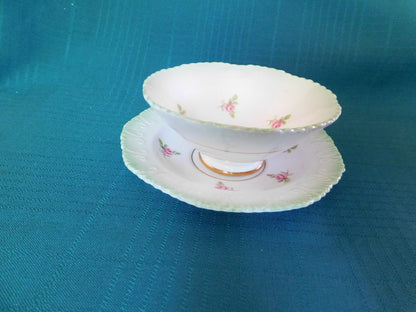 Royal Stafford small pink roses embossed green band bowl with underplate NMC