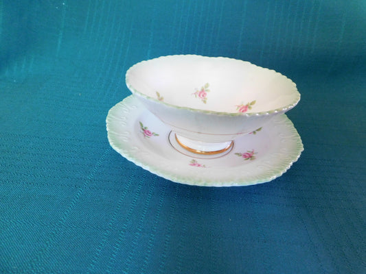 Royal Stafford small pink roses embossed green band bowl with underplate NMC