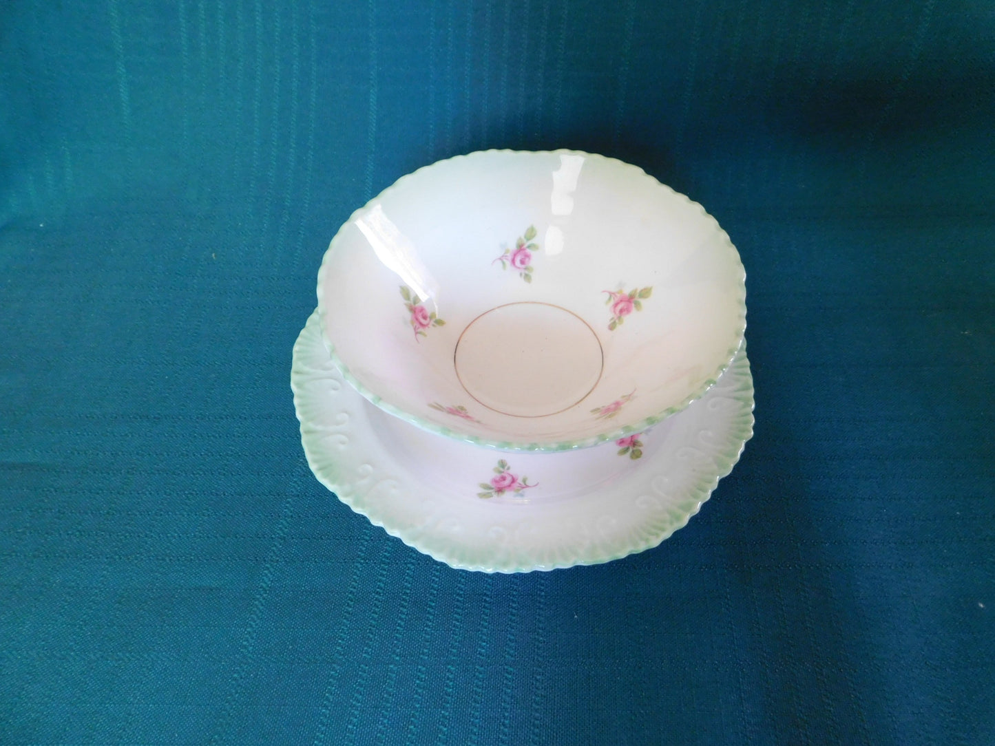 Royal Stafford small pink roses embossed green band bowl with underplate NMC
