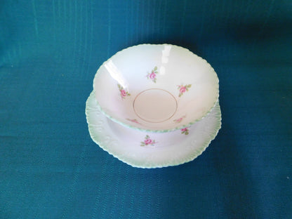 Royal Stafford small pink roses embossed green band bowl with underplate NMC
