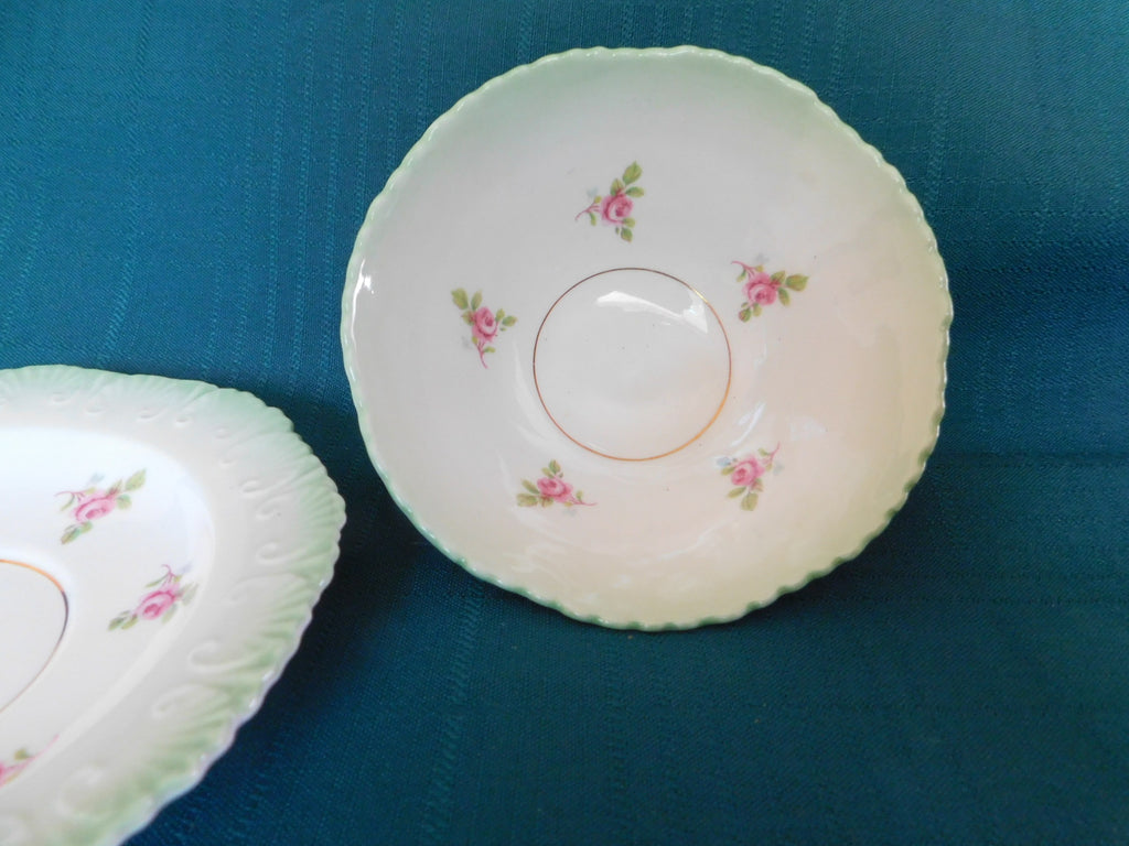 Royal Stafford small pink roses embossed green band bowl with underplate NMC