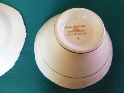 Royal Stafford small pink roses embossed green band bowl with underplate NMC