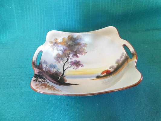 Noritake M (1930s) Lakeside Cottage Scene Square Handled Bowl VGU Noritake