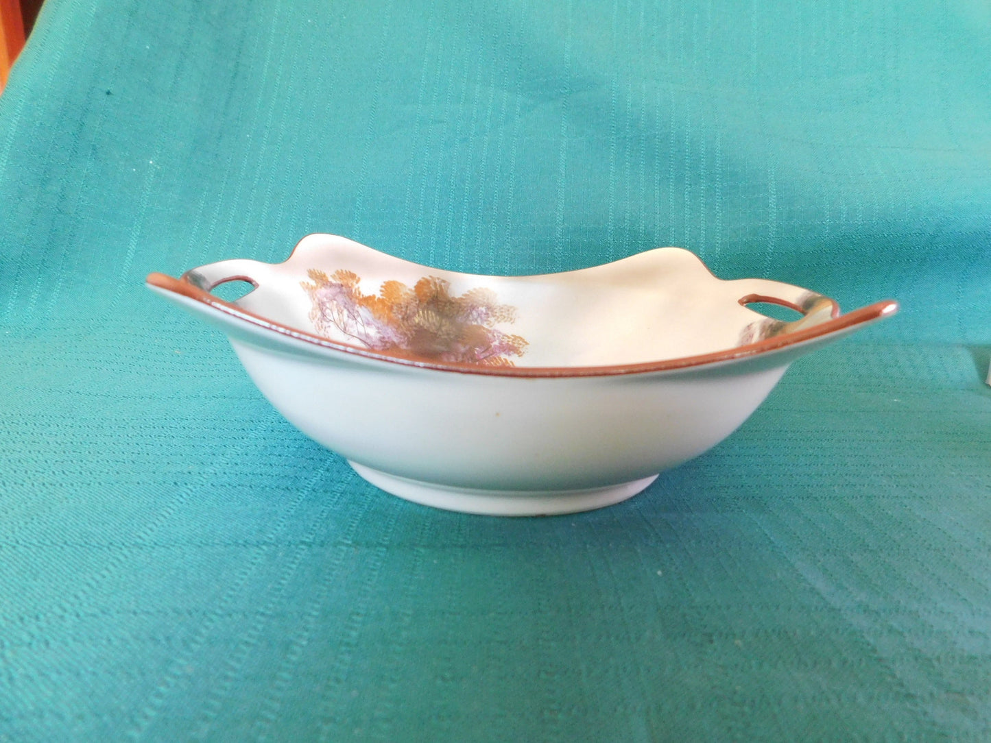 Noritake M (1930s) Lakeside Cottage Scene Square Handled Bowl VGU Noritake