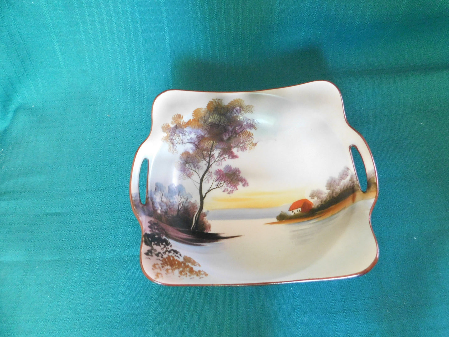 Noritake M (1930s) Lakeside Cottage Scene Square Handled Bowl VGU Noritake