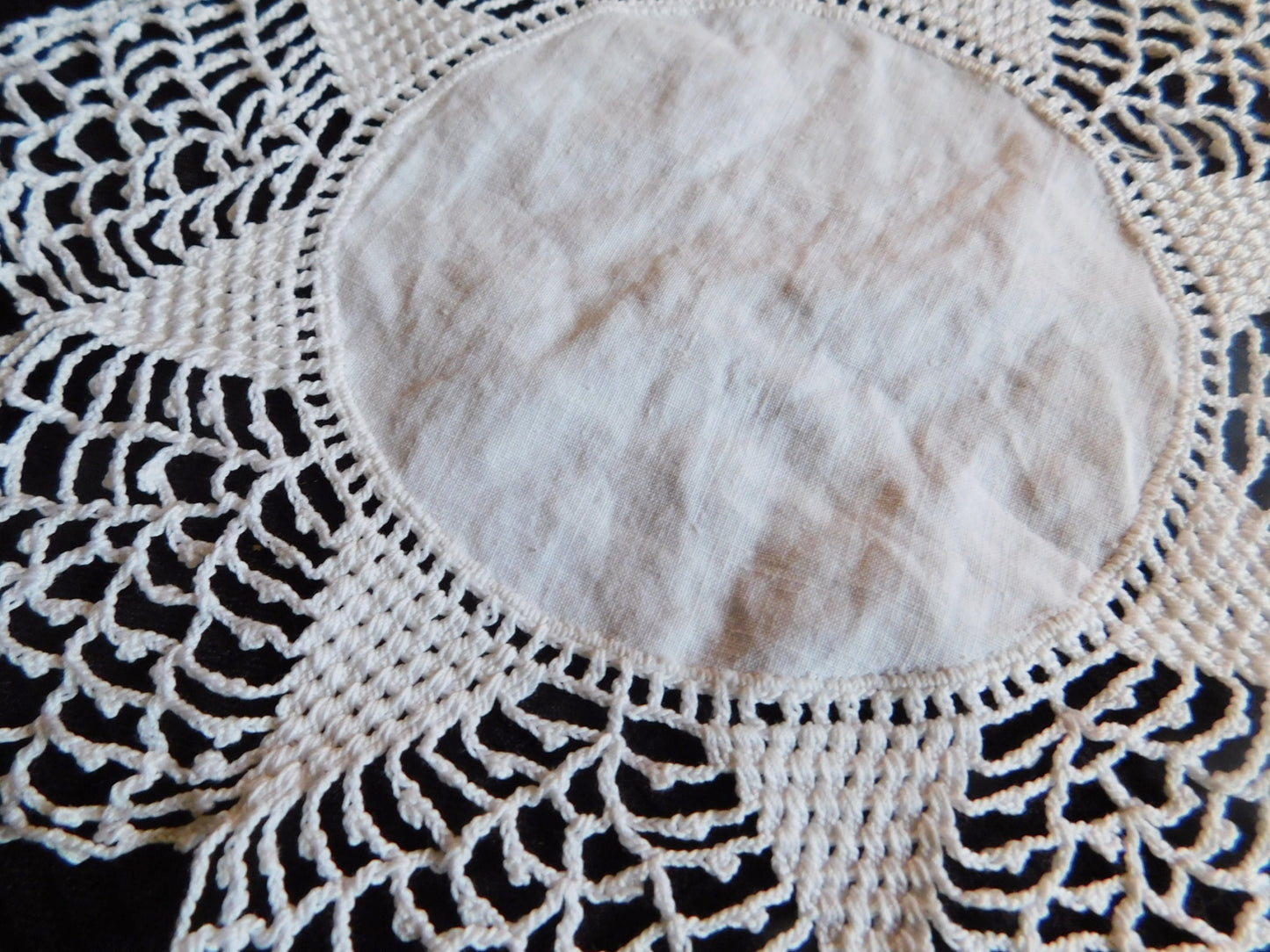 Vintage 8 point star crocheted doily with linen center