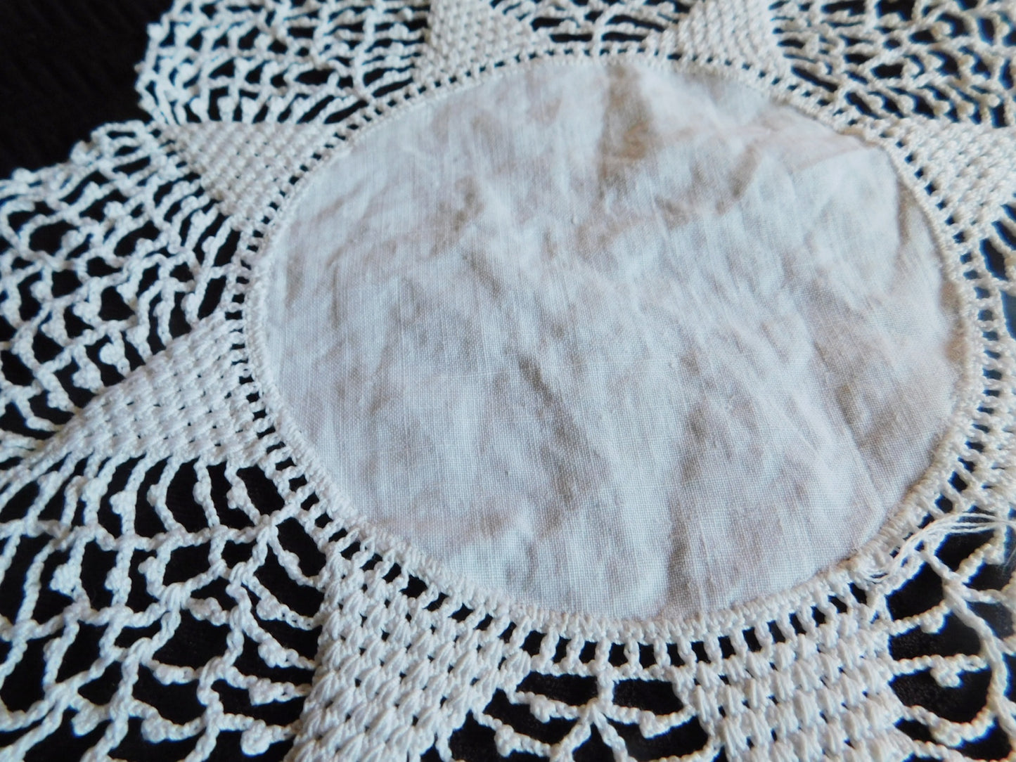 Vintage 8 point star crocheted doily with linen center