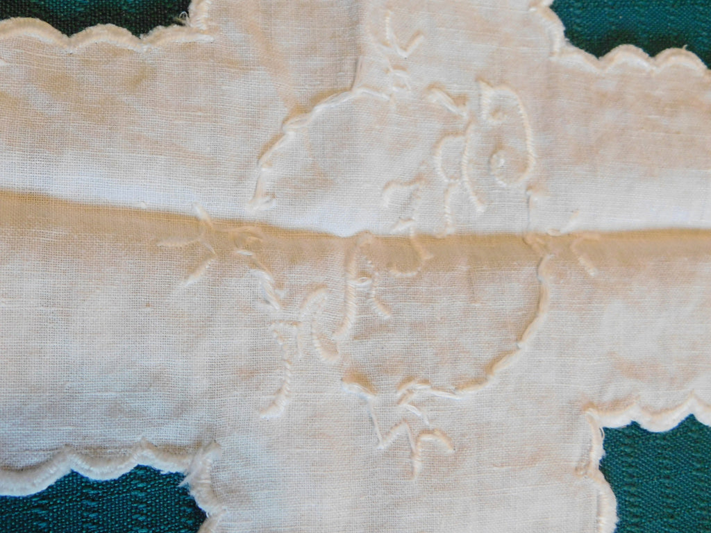 Vintage embroidered center linen scalloped edge cross shaped doily