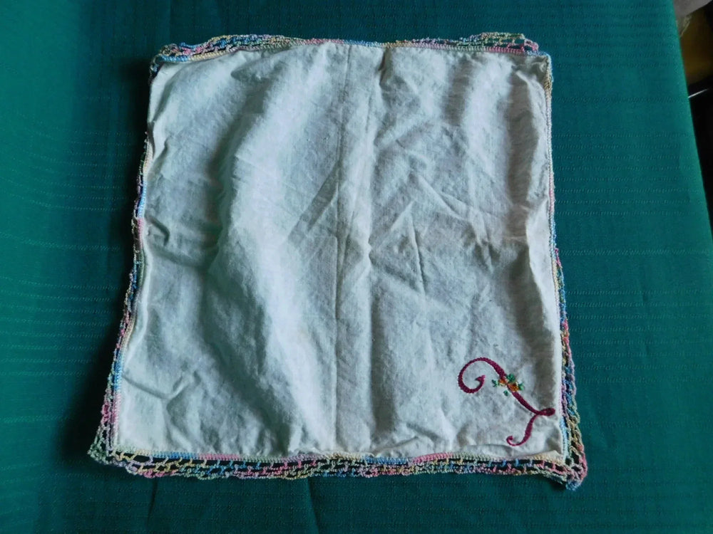 Vintage 11x11 embroidered initialled linen doily