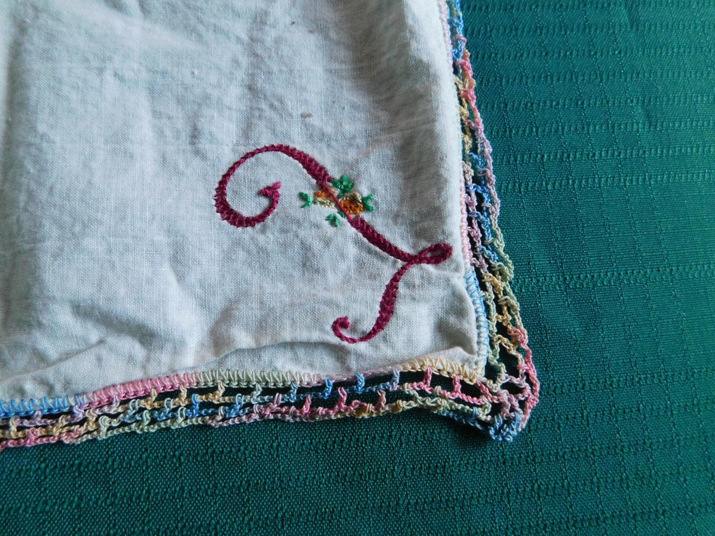 Vintage 11x11 embroidered initialled linen doily VGU