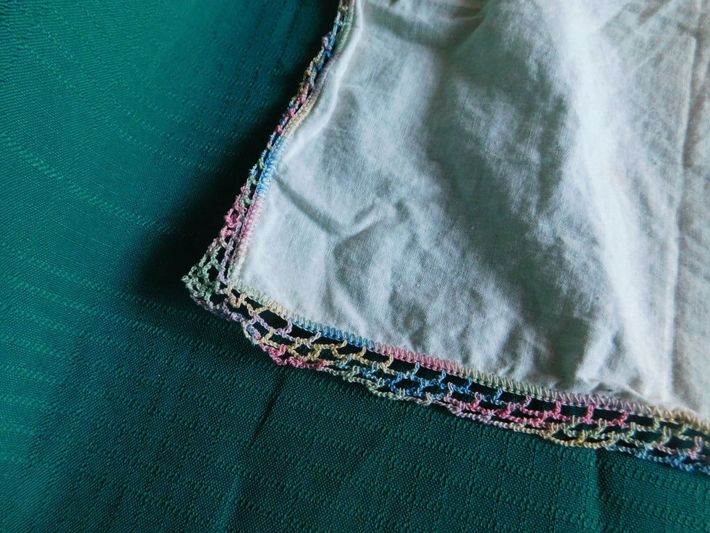 Vintage 11x11 embroidered initialled linen doily VGU