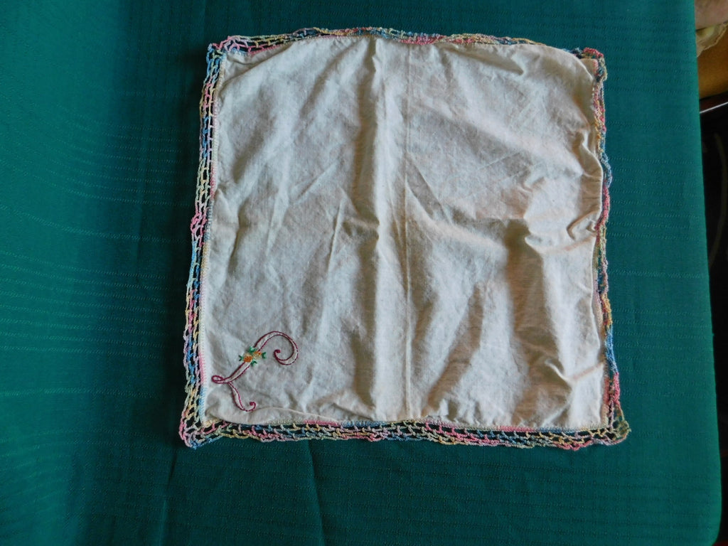 Vintage 11x11 embroidered initialled linen doily VGU