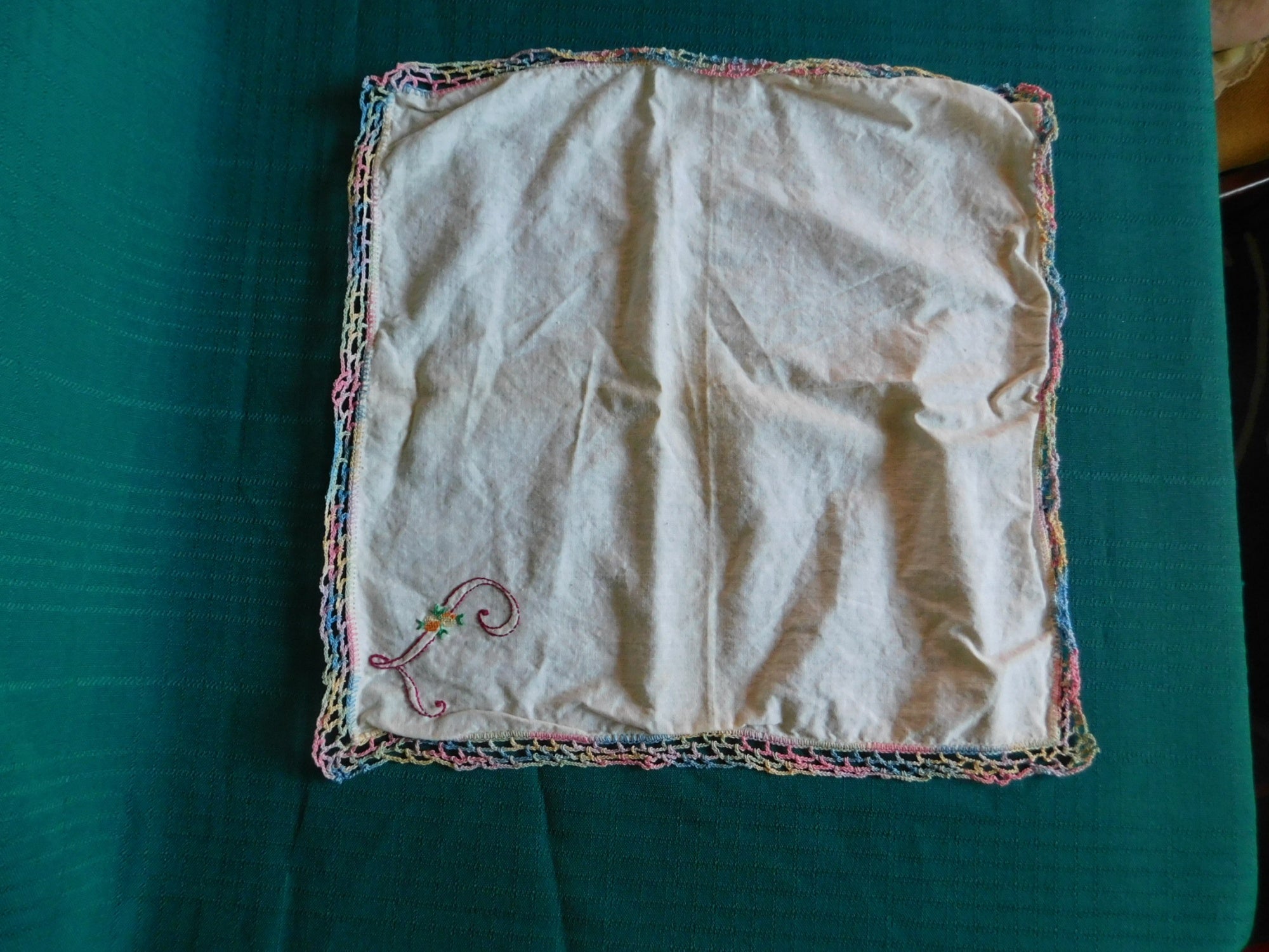 Vintage 11x11 embroidered initialled linen doily VGU