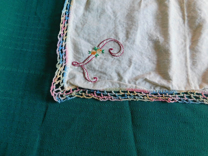 Vintage 11x11 embroidered initialled linen doily VGU