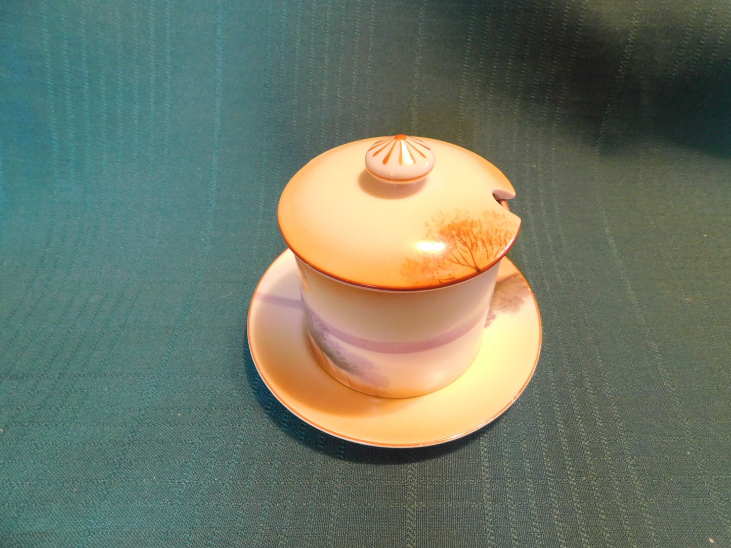 Antique Noritake M (1911) bridge scene lidded condiment jar with underplate VGU