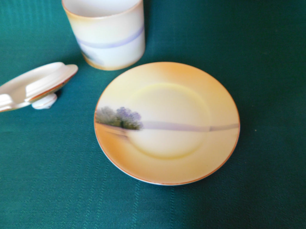 Antique Noritake M (1911) bridge scene lidded condiment jar with underplate VGU