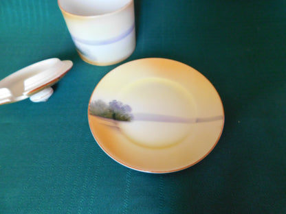Antique Noritake M (1911) bridge scene lidded condiment jar with underplate VGU