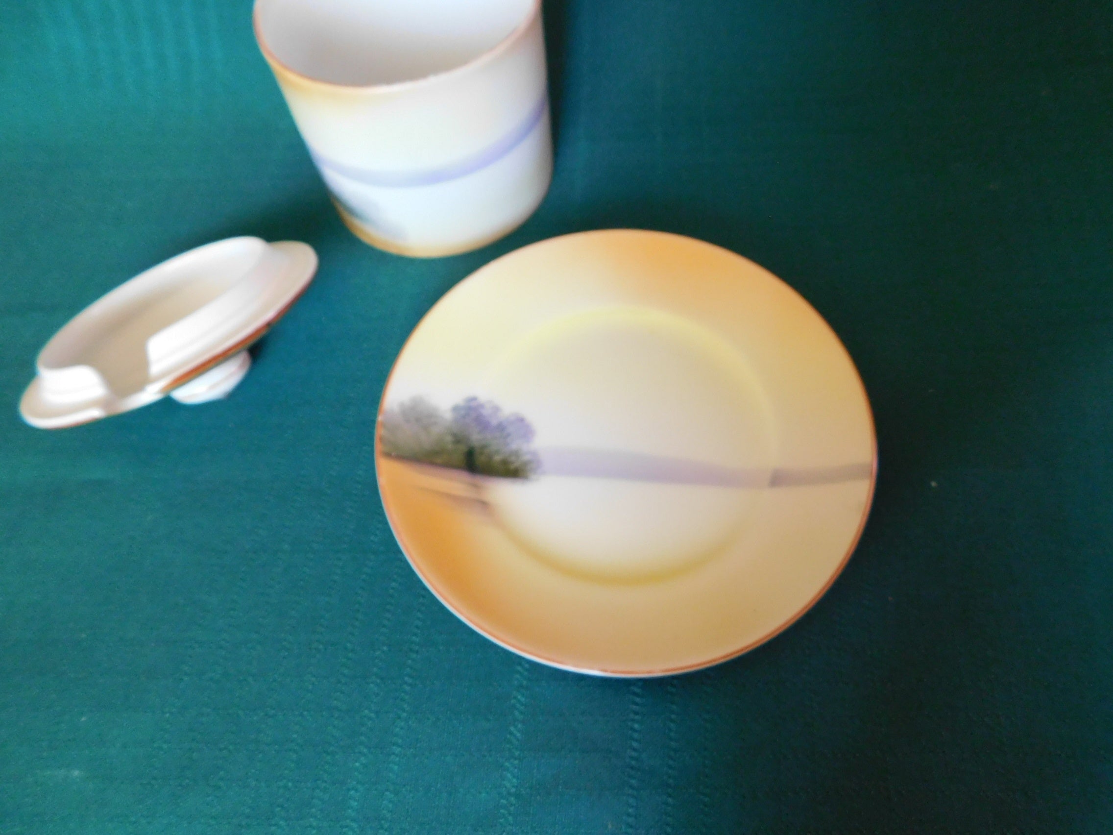 Antique Noritake M (1911) bridge scene lidded condiment jar with underplate VGU