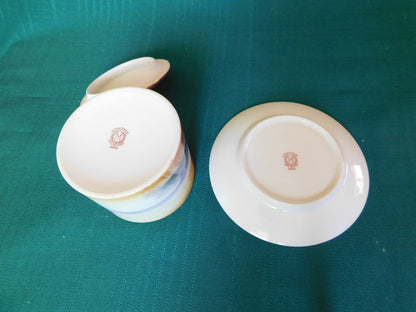 Antique Noritake M (1911) bridge scene lidded condiment jar with underplate VGU