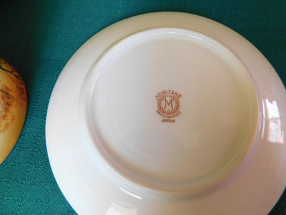 Antique Noritake M (1911) bridge scene lidded condiment jar with underplate VGU