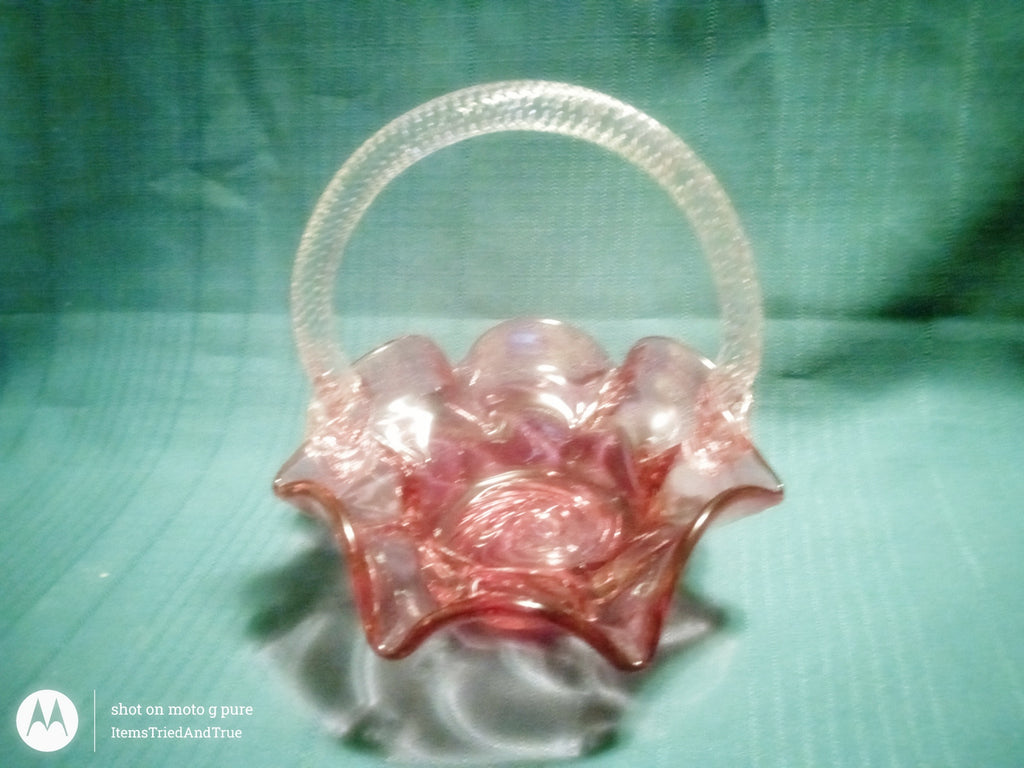 Vintage Pink Art Glass Basket with Ruffled Rim & Twisted Handle
